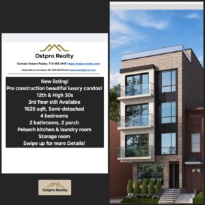 Pre Construction beautiful luxury condos! 12th/ High 30s, 3rd floor still Available 1675 sqft, Semi-detached 4 bedrooms 2 bathrooms, 2 porch Peisech kitchen & laundry room Storage room.
