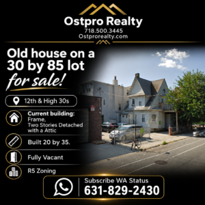 Old house on a 30 by 85 lot for sale! 12th/ High 30s. Current building Frame Two Stories Detached with a Attic for sale Built 20 by 35. Fully Vacant. R5 Zoning